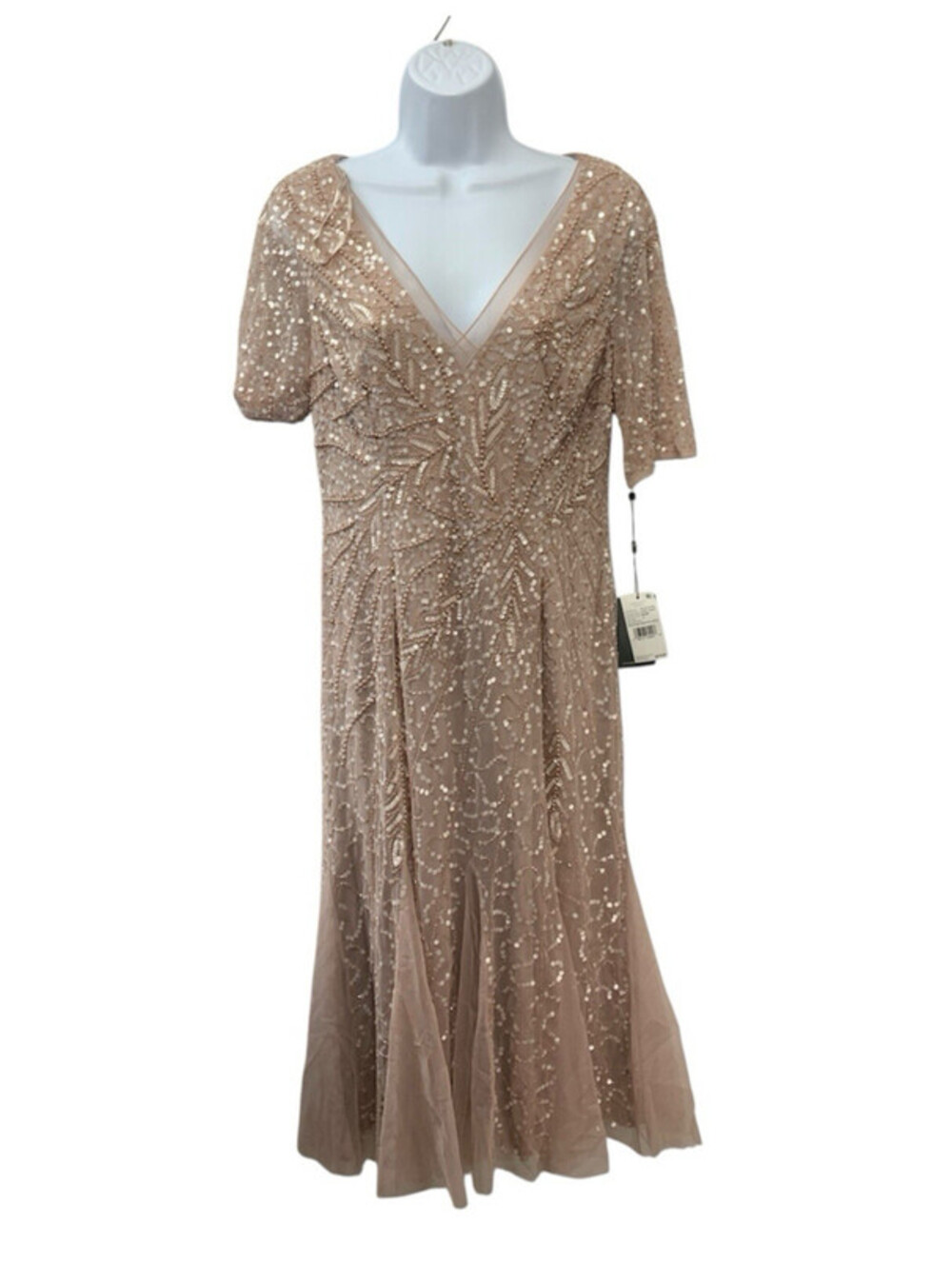 Adrianna Papell Women's Beaded Midi Dress with Godets V-neck Steel Rose Size 10